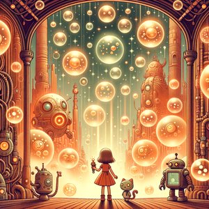 Lena and Robo the Cat on the Planet of Bubbles